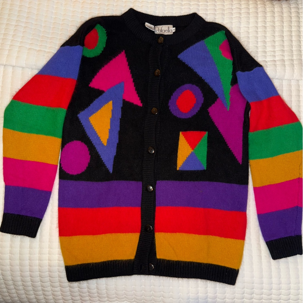 Vintage 80s Colorblock Angora & Wool Geometric Pattern Button-Up Cardigan